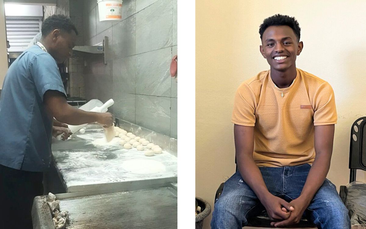 memorial2 Mulualem cooking for his job and Mulualem sitting and smiling.
