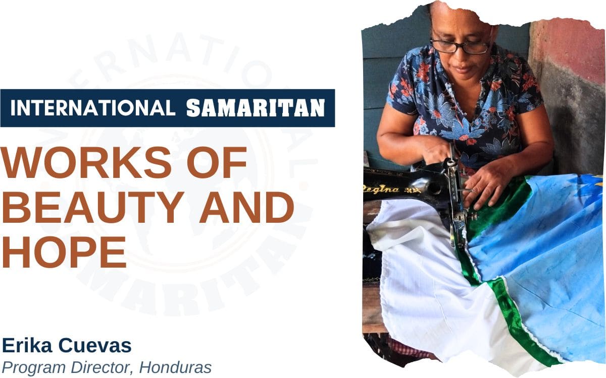 Title: Works of Beauty and Hope, by Erika with photo of seamstress