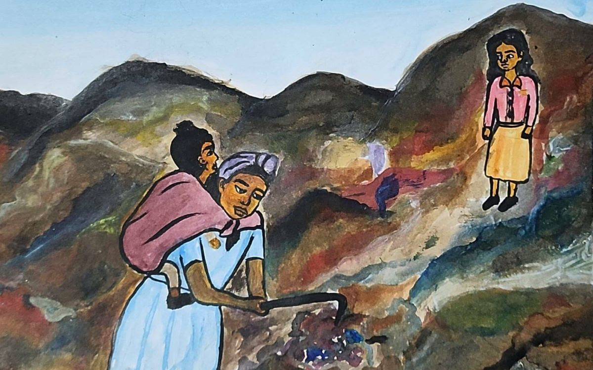 Illustration from The School Dress showing Selam meeting Marege and her mother at the dump