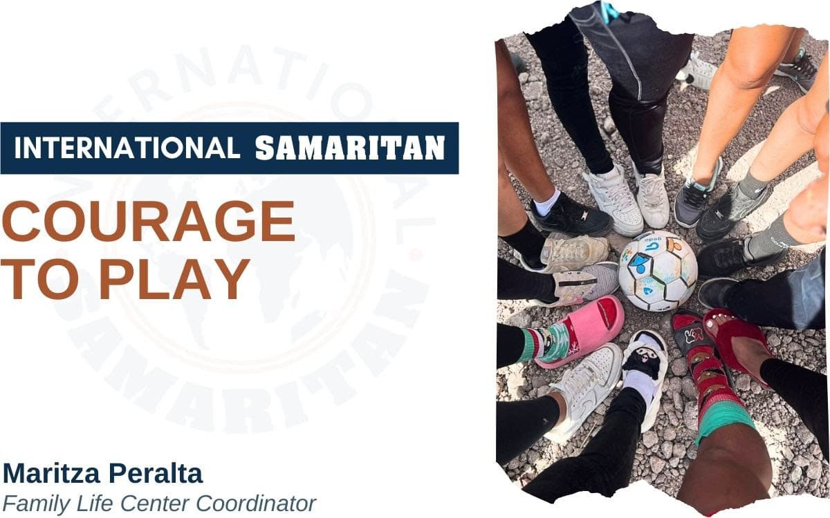 Courage to Play title page with photo of soccer ball surrounded by players feet.