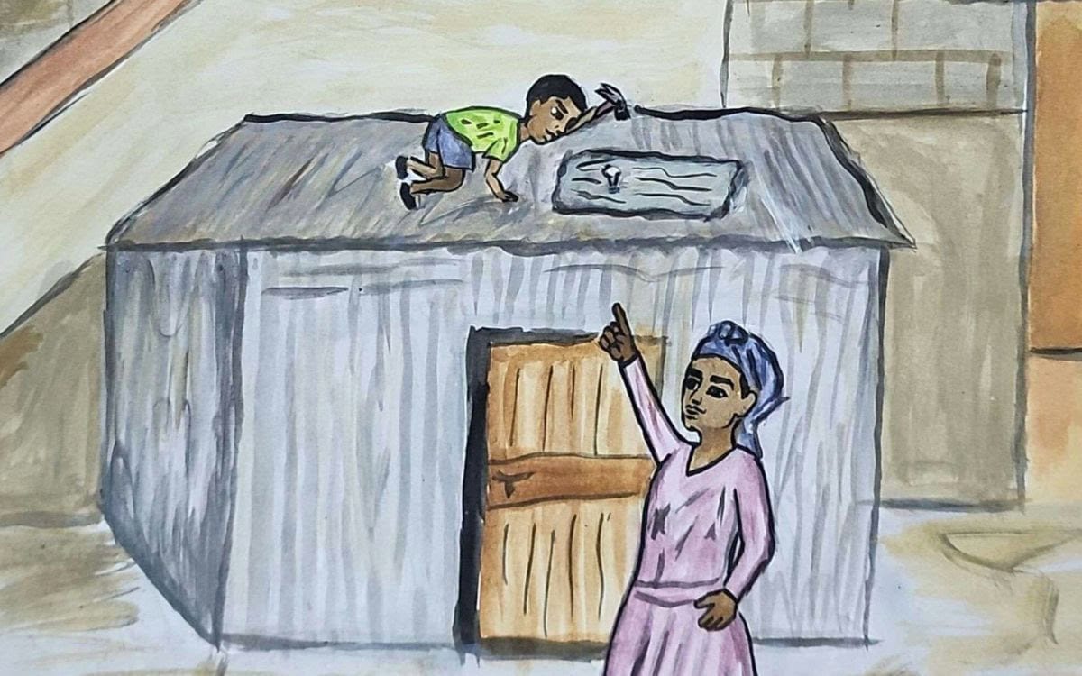 Illustration of Danny fixing his roof.