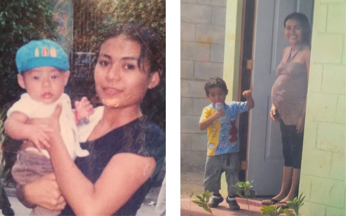 A picture of Douglas as a baby with his mother and another picture of the two when they got a home.