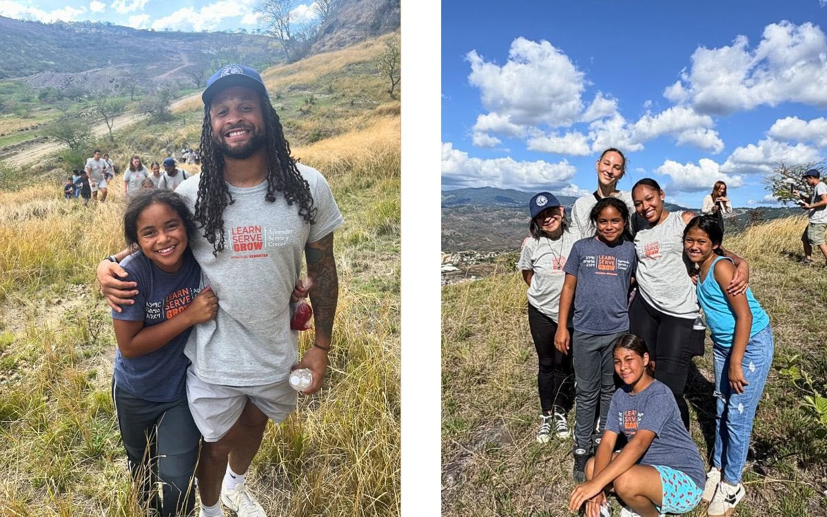 A couple of photos showing happy hikers on a mountain trail.
