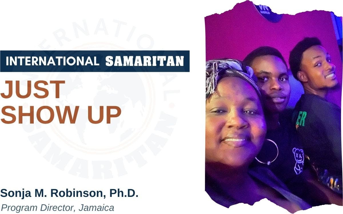 Just Show Up title with photo of Trudy, Kwase, and Kalou.