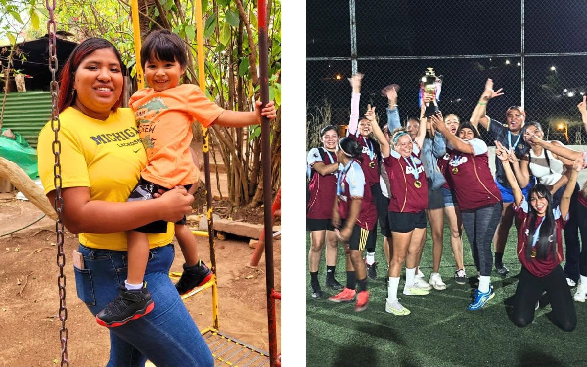 2 photos of Nayely: One holding Jasiel at the park and another with Nayely and the soccer team celebrating a victory.