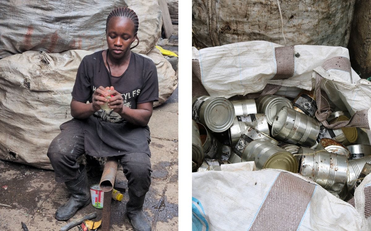 Marcella with her tins that she washes, matches with lids, and sells in bulk.